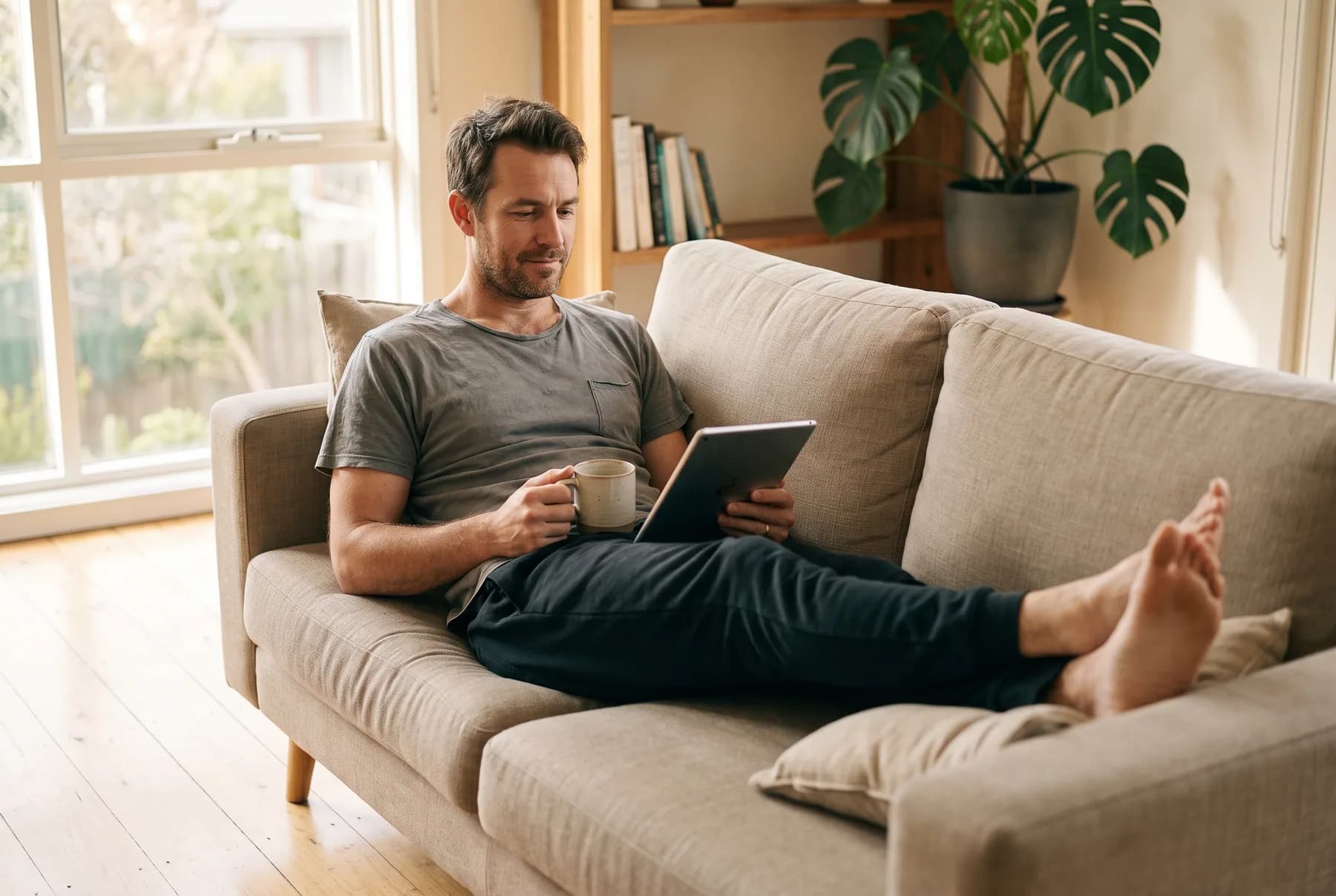 A man resting at home the day after his procedure